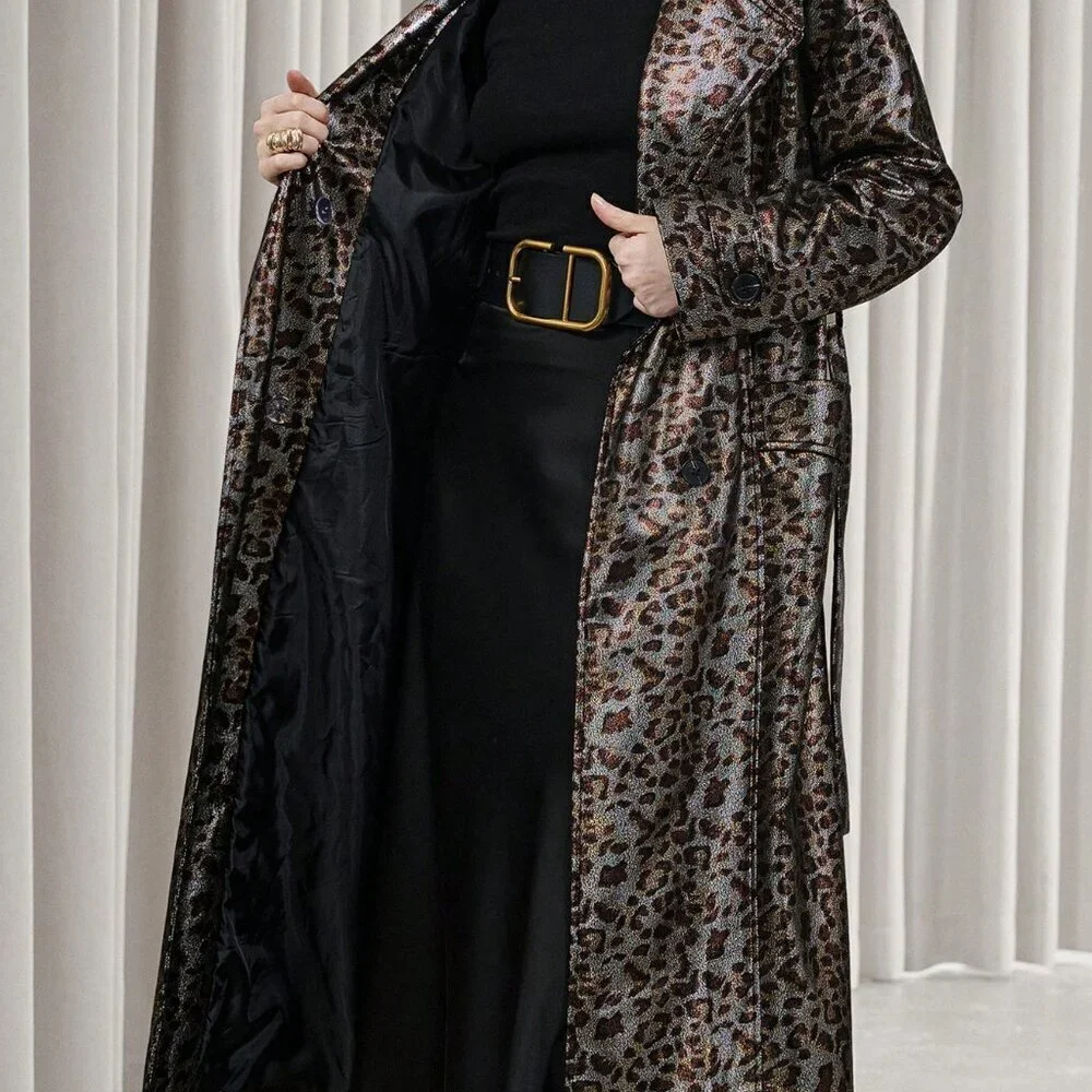 Multicolor Elegant Women's Leopard Print Faux Leather Trench coat / Jacket